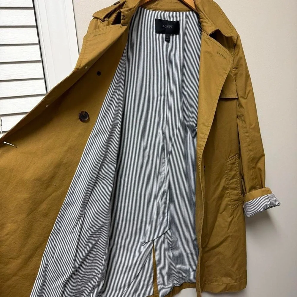 J Crew Trench Coat Women's Size 12 Mustard Yellow Double Breasted Striped Lining